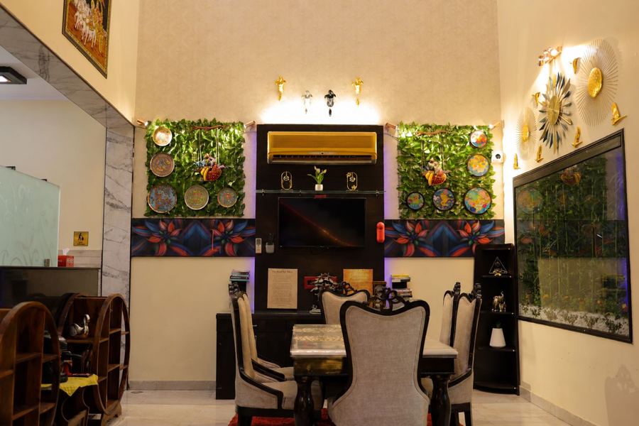 Dining area with carved chairs
